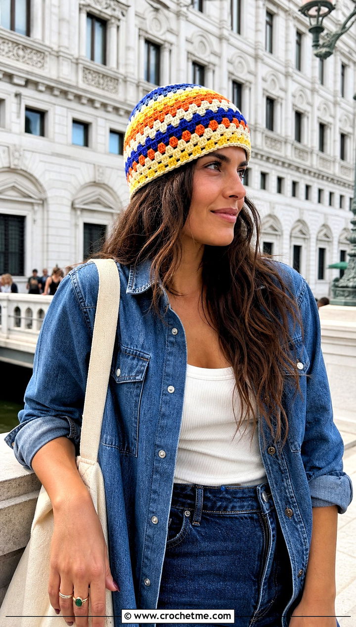 Striped Granny Square Beanie With Double Denim - 30 crochet square hat outfit ideas