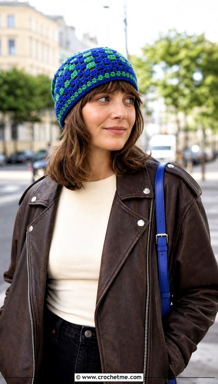 Striped Granny Square Beanie With Moto Jacket - 30 granny square beanie outfit ideas