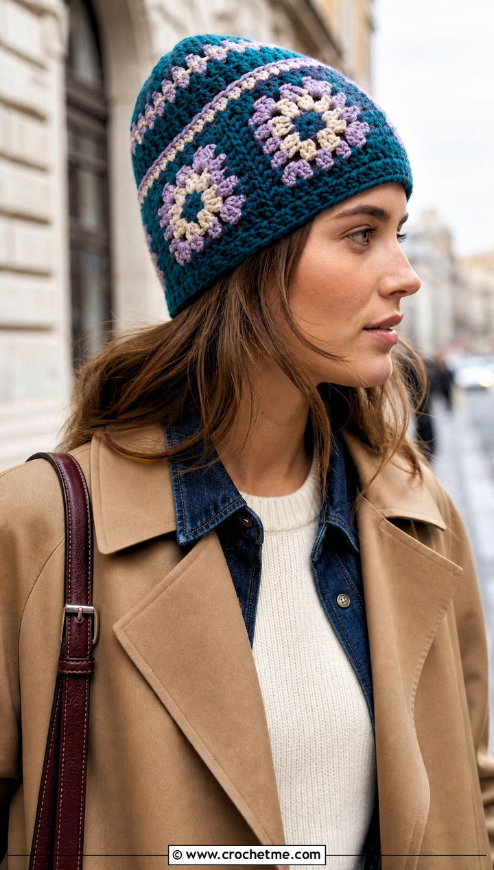 Striped Granny Square Beanie With Trench Coat - 25 square crochet beanie outfit ideas
