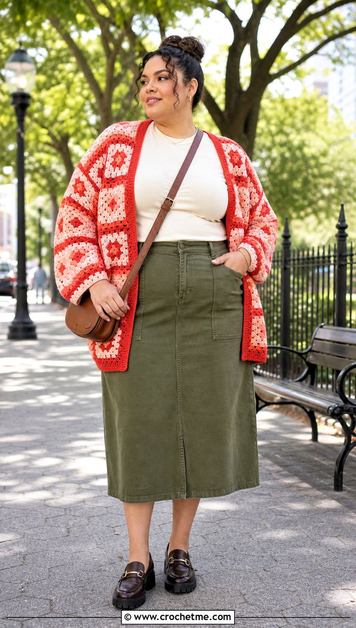 Striped Granny Square Cardigan With Utility Midi Skirt - 30 plus size crochet granny square cardigan outfit ideas