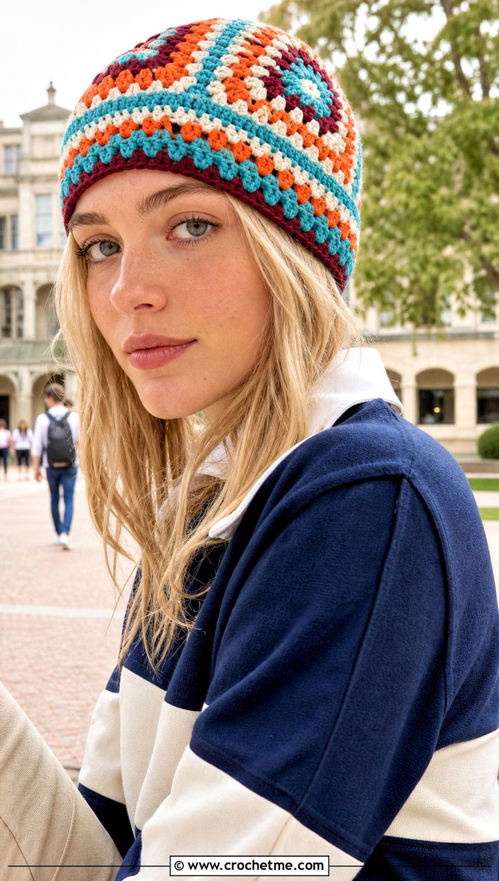 Striped Granny Square Crochet Beanie With Rugby Shirt And Chinos - 30 granny square crochet beanie outfit ideas