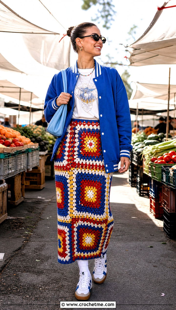 Striped Granny Square Crochet Skirt With Graphic Tee - 15 crochet striped skirt on hanger outfit ideas