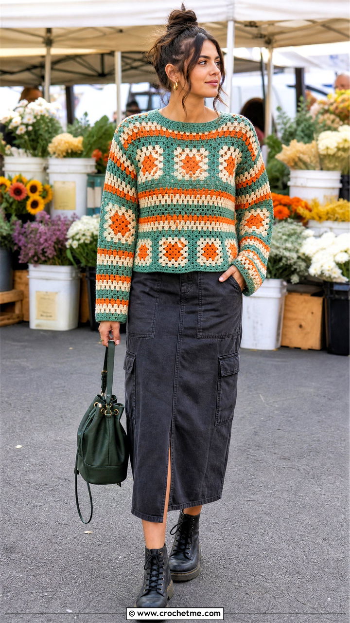 Striped Granny Square Crochet Sweater With Utility Midi Skirt - 35 granny square crochet sweater outfit ideas