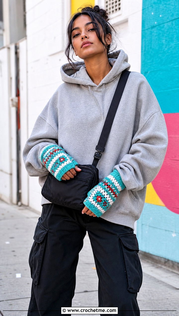 Striped Granny Square Fingerless Gloves With Hoodie And Cargo Pants - 30 crochet granny square fingerless gloves outfit ideas