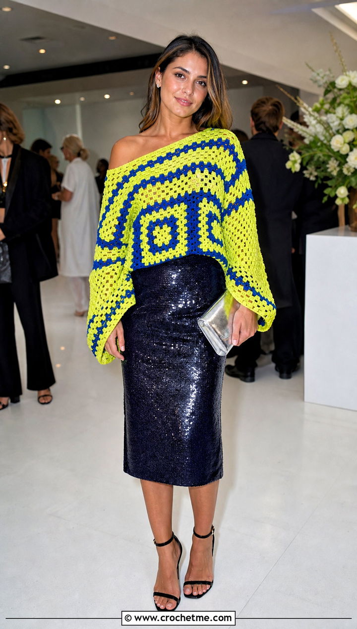 Striped Granny Square Off The Shoulder Sweater With Sequin Skirt - 20 granny square off the shoulder sweater outfit ideas