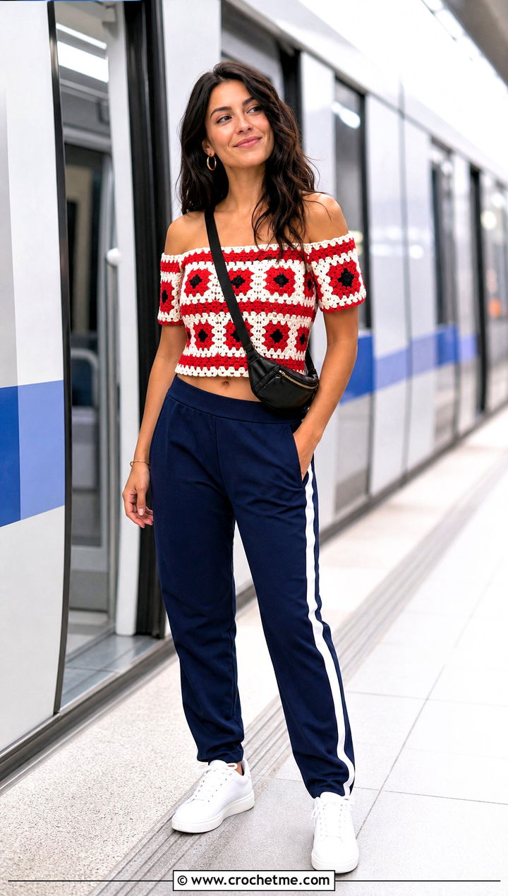 Striped Granny Square Off The Shoulder Top With Track Pants - 25 Granny Square Off The Shoulder Top outfit ideas