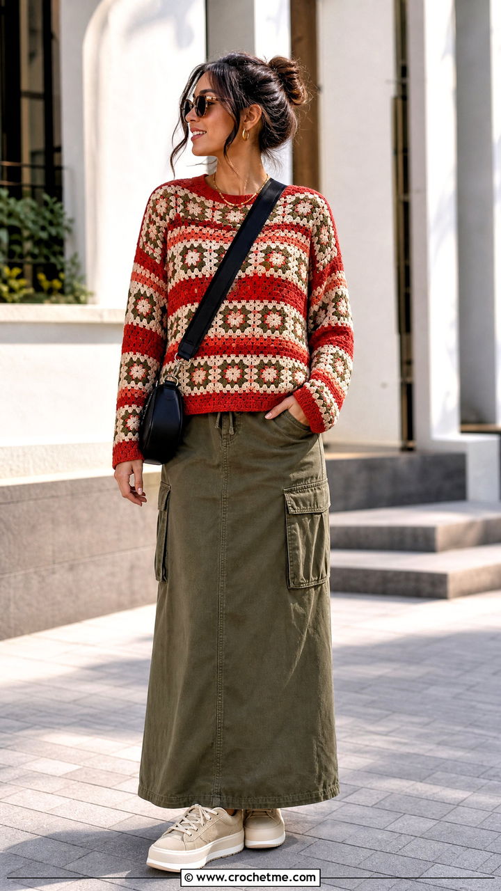 Striped Granny Square Pullover With Cargo Skirt - 35 granny square pullover outfit ideas