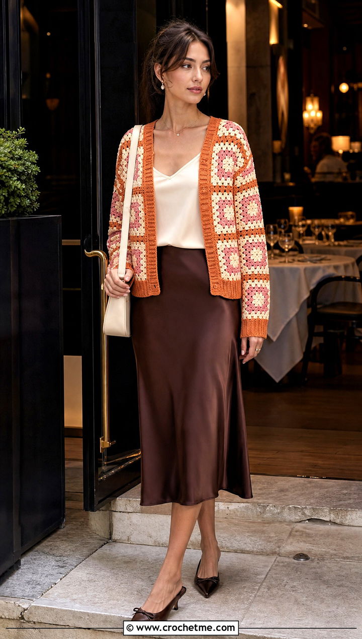 Striped Granny Square Summer Cardigan With Slip Skirt - 30 granny square summer cardigan outfit ideas