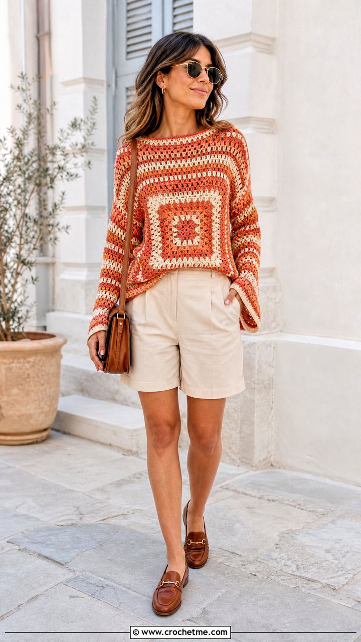 Striped Granny Square Sweater With Tailored Shorts - 35 4 Granny Square Sweater outfit ideas