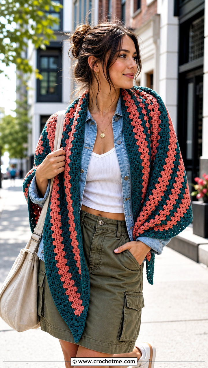 Striped Granny Square Triangle Shawl With Denim Jacket - 30 granny square triangle shawl outfit ideas