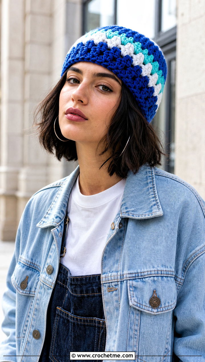 Striped Granny Stitch Beanie With Denim Jacket And Wide Leg Jeans - 30 crochet granny stitch hat outfit ideas