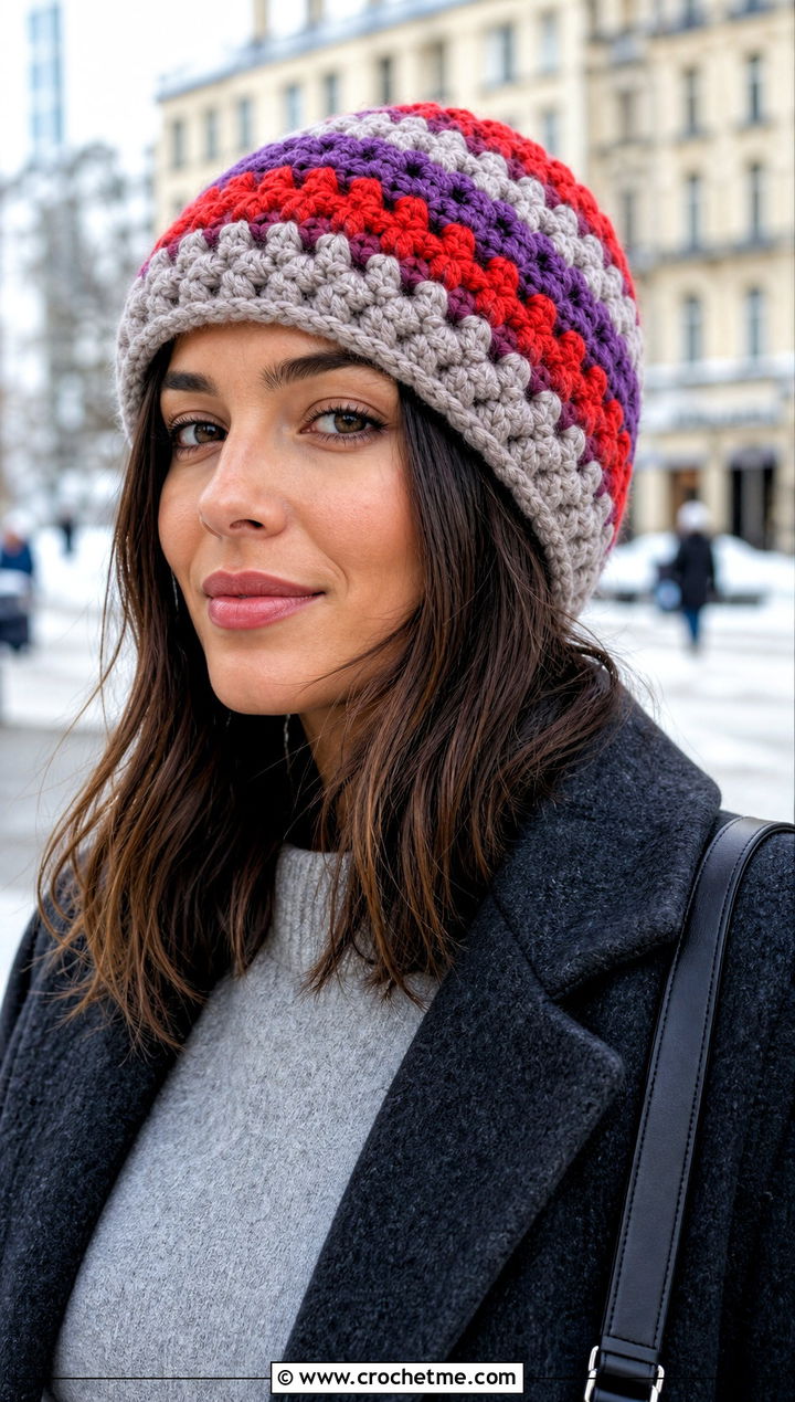 Striped Granny Stitch Beanie With Wool Coat - 20 Granny Crochet Hat outfit ideas