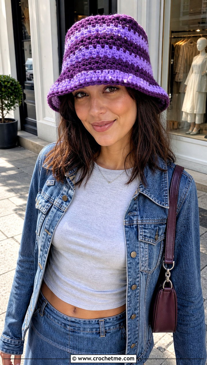 Striped Granny Stitch Bucket Hat With Denim Maxi Skirt - 25 granny crochet bucket hat outfit ideas
