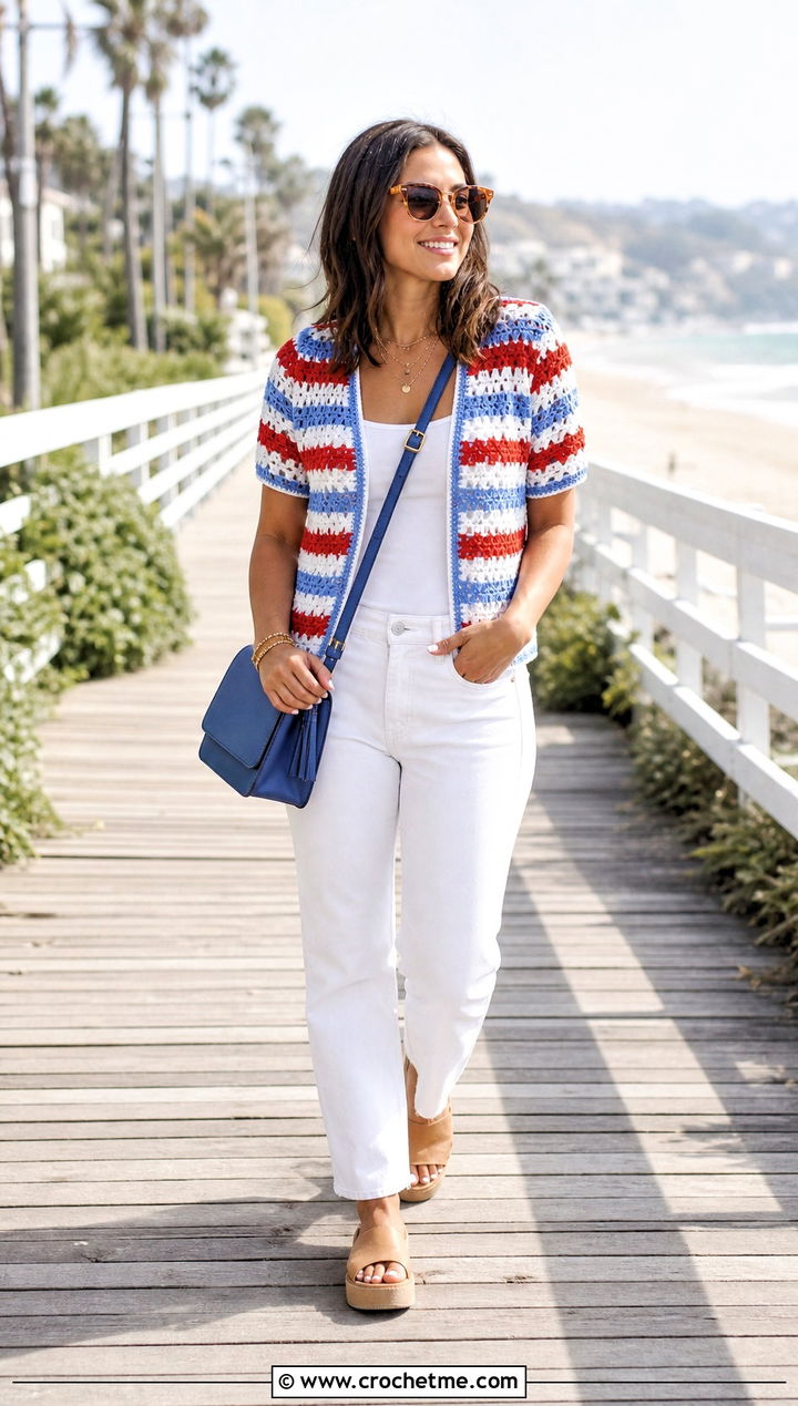 Striped Granny Stitch Cardigan With White Jeans - 25 short sleeve summer crochet cardigan outfit ideas