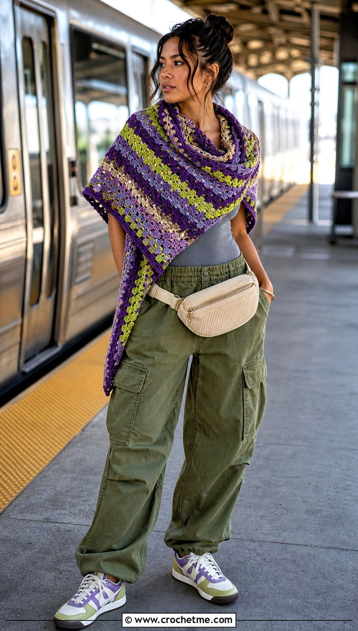 Striped Granny Stitch Crochet Boho Shawl With Cargo Pants - 30 crochet boho shawl outfit ideas