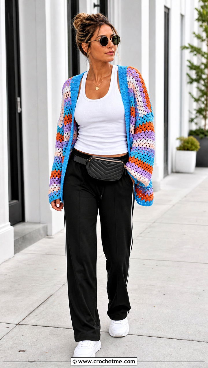 Striped Granny Stitch Crochet Cardigan With Track Pants - 30 Crochet Lightweight Cardigan outfit ideas
