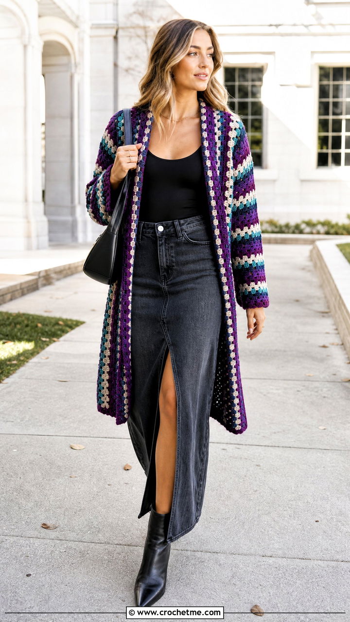 Striped Granny Stitch Crochet Fall Cardigan With Denim Maxi Skirt - 35 crochet fall cardigan outfit ideas