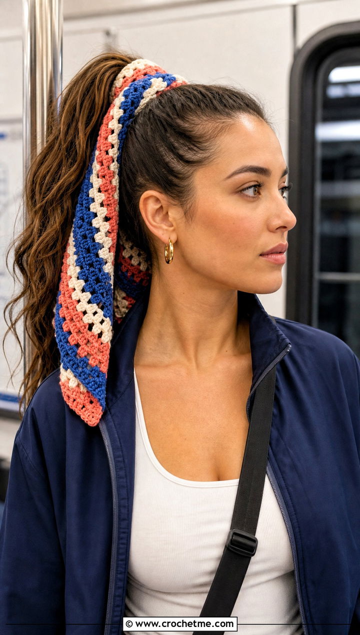 Striped Granny Stitch Crochet Hair Scarf With Track Pants - 15 Crochet Hair Scarf Ideas