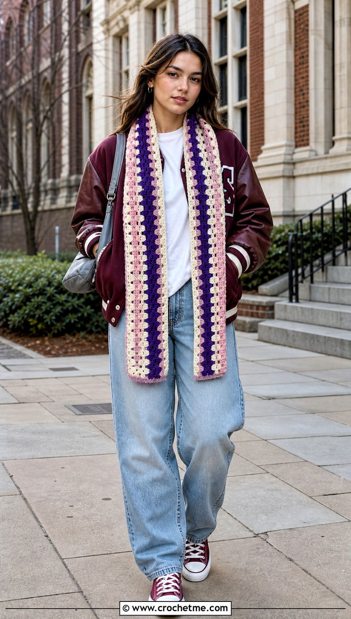 Striped Granny Stitch Crochet Scarf With Varsity Jacket - 35 crocheted scarf outfit ideas