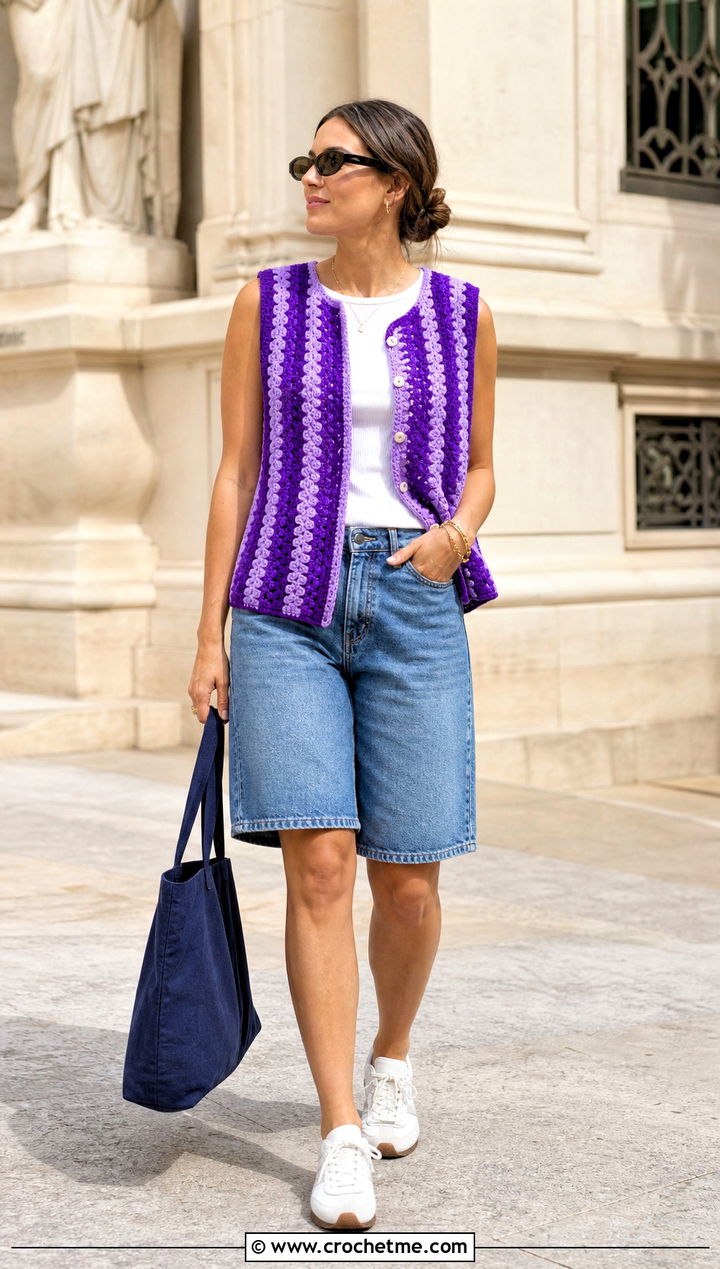 Striped Granny Stitch Crochet Waistcoat With Denim Bermuda Shorts - 35 crochet waist coat outfit ideas