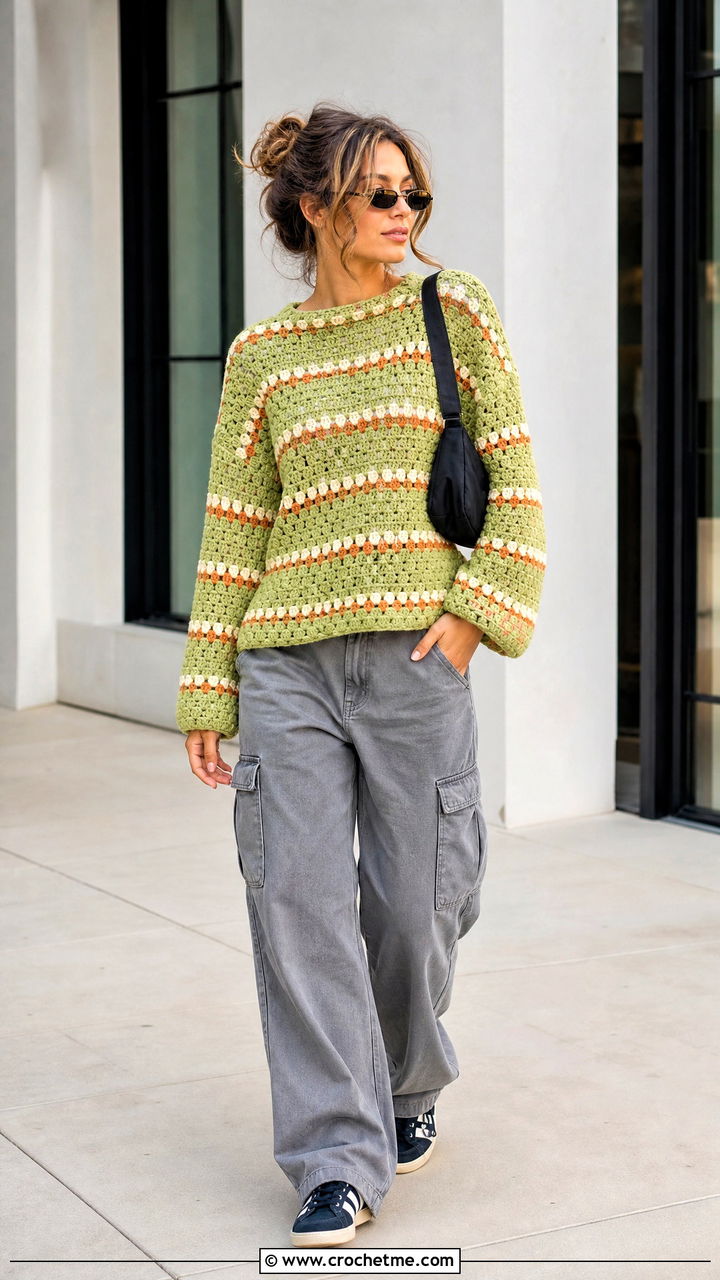 Striped Granny Stitch Green Crochet Sweater With Cargo Pants - 35 green crochet sweater outfit ideas