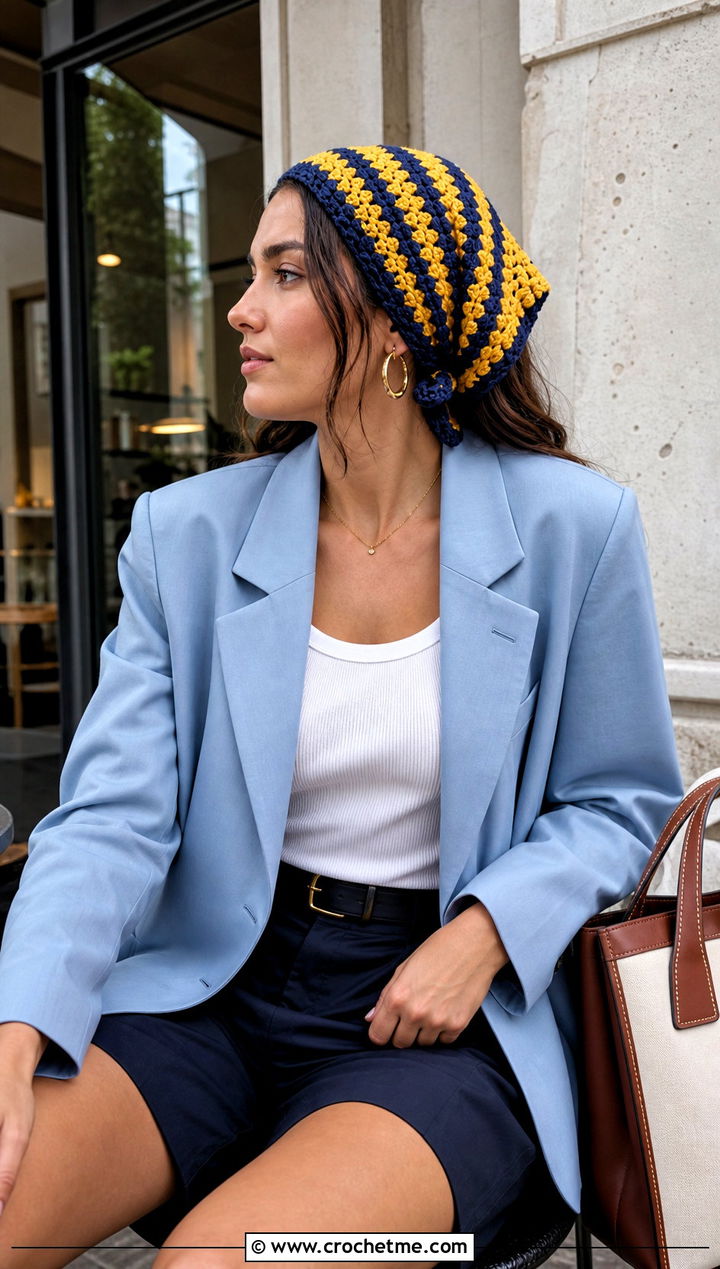 Striped Granny Stitch Head Scarf With Blazer and Bermuda Shorts - 25 Crochet Boho Head Scarf outfit ideas