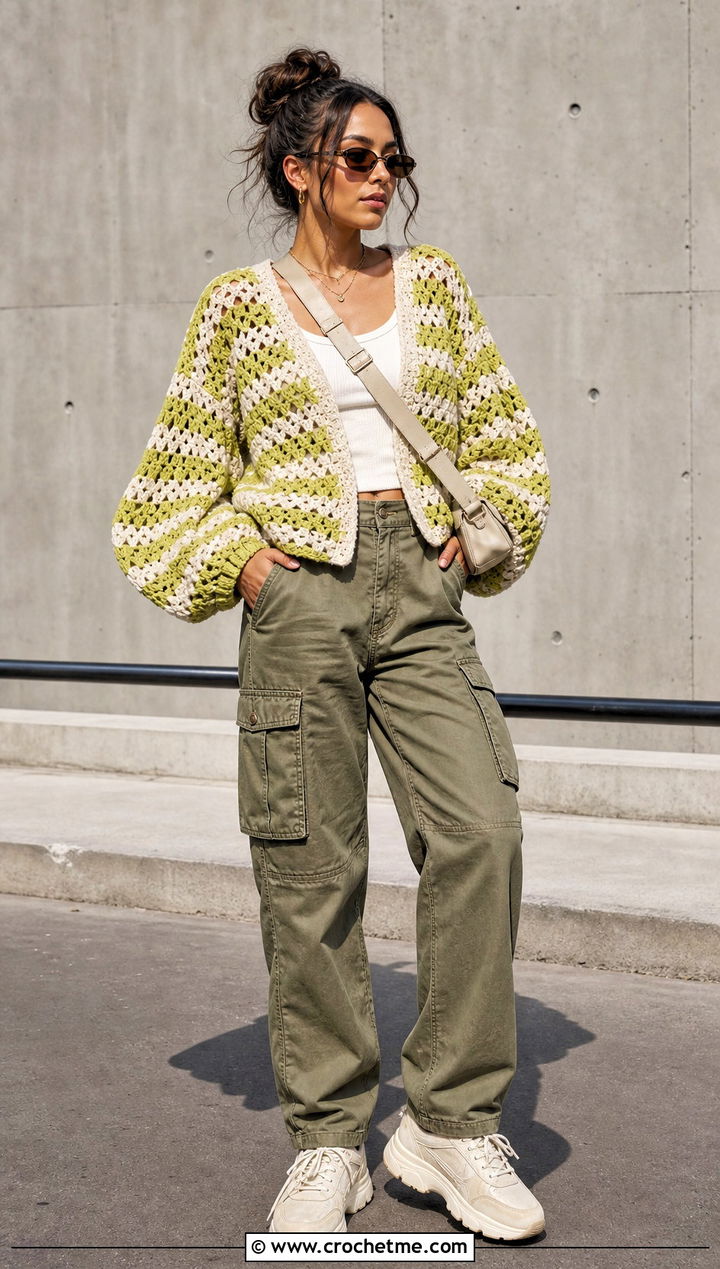 Striped Granny Stitch Puff Sleeve Crochet Cardigan With Cargo Pants - 25 Puff Sleeve Crochet Cardigan outfit ideas