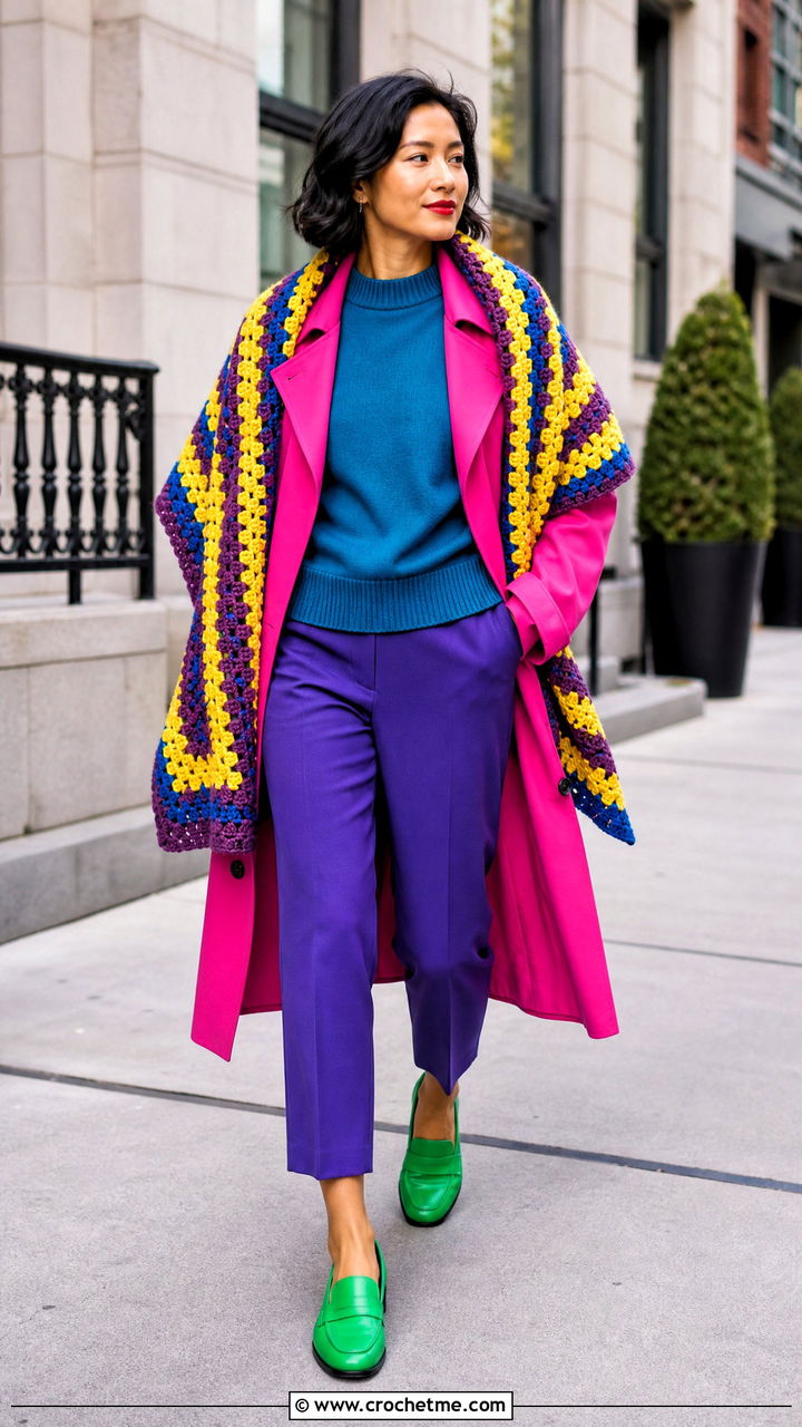 Striped Granny Stitch Shawl With A Trench Coat - 35 crochet shawl outfit ideas