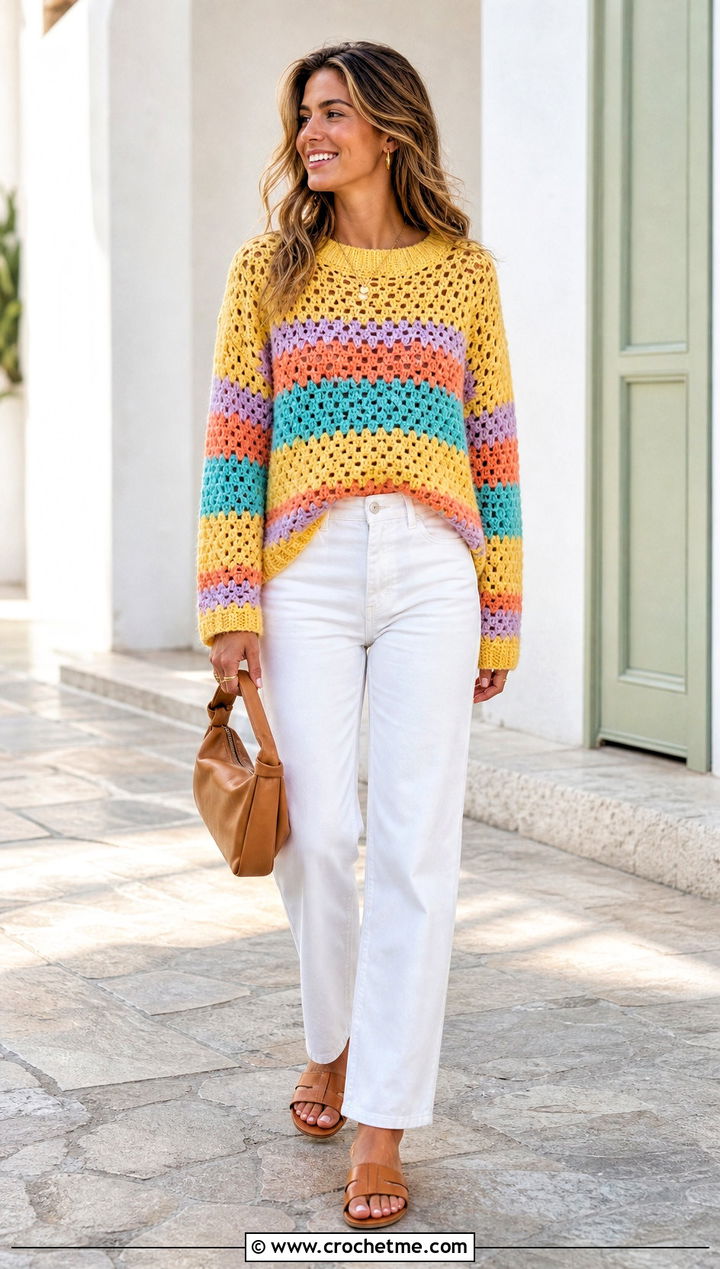 Striped Granny Stitch Sweater With White Denim - 35 crocheted sweaters outfit ideas
