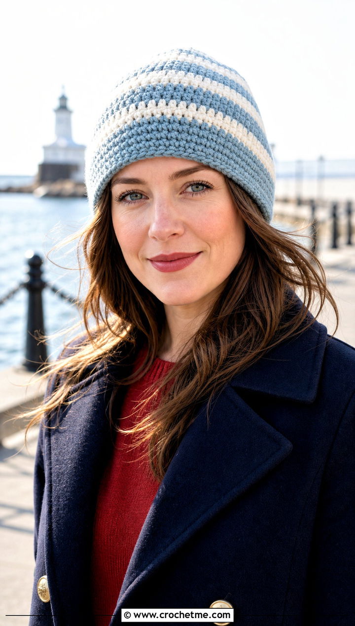Striped HDC Crochet Beanie With Peacoat And Jeans - 20 hdc crochet beanie outfit ideas