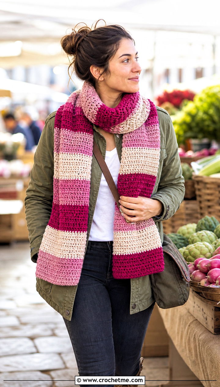 Striped HDC Crochet Scarf With Utility Jacket - 20 Hdc Crochet Scarf outfit ideas