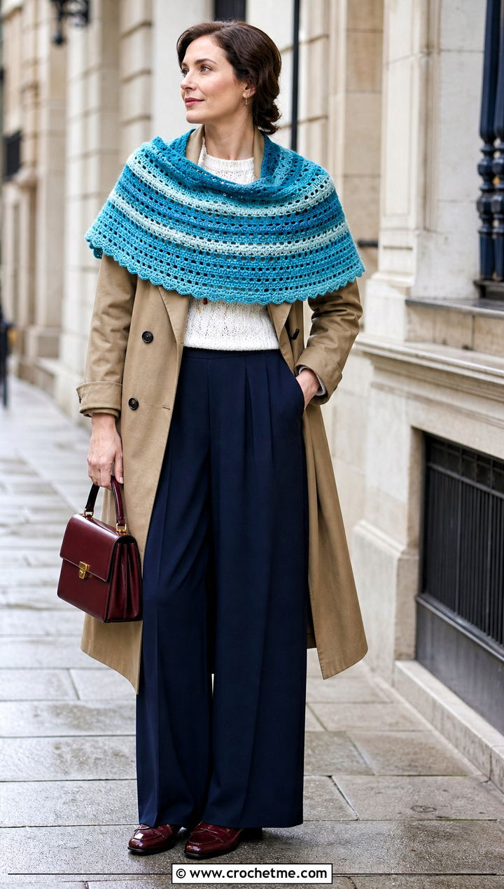 Striped Half Circle Crochet Shawl With Trench Coat - 15 Half Circle Crochet Shawl outfit ideas