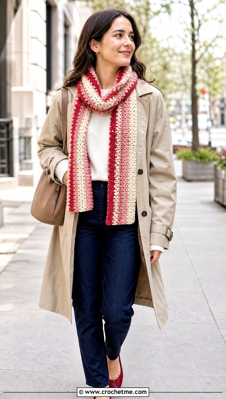 Striped Half Double Crochet Scarf With Trench Coat - 20 Half Double Crochet Scarf outfit ideas