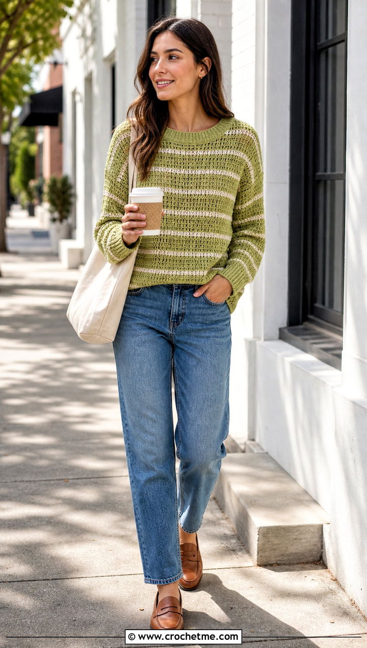 Striped Half Double Crochet Sweater With Straight Leg Jeans - 30 half double crochet sweater outfit ideas