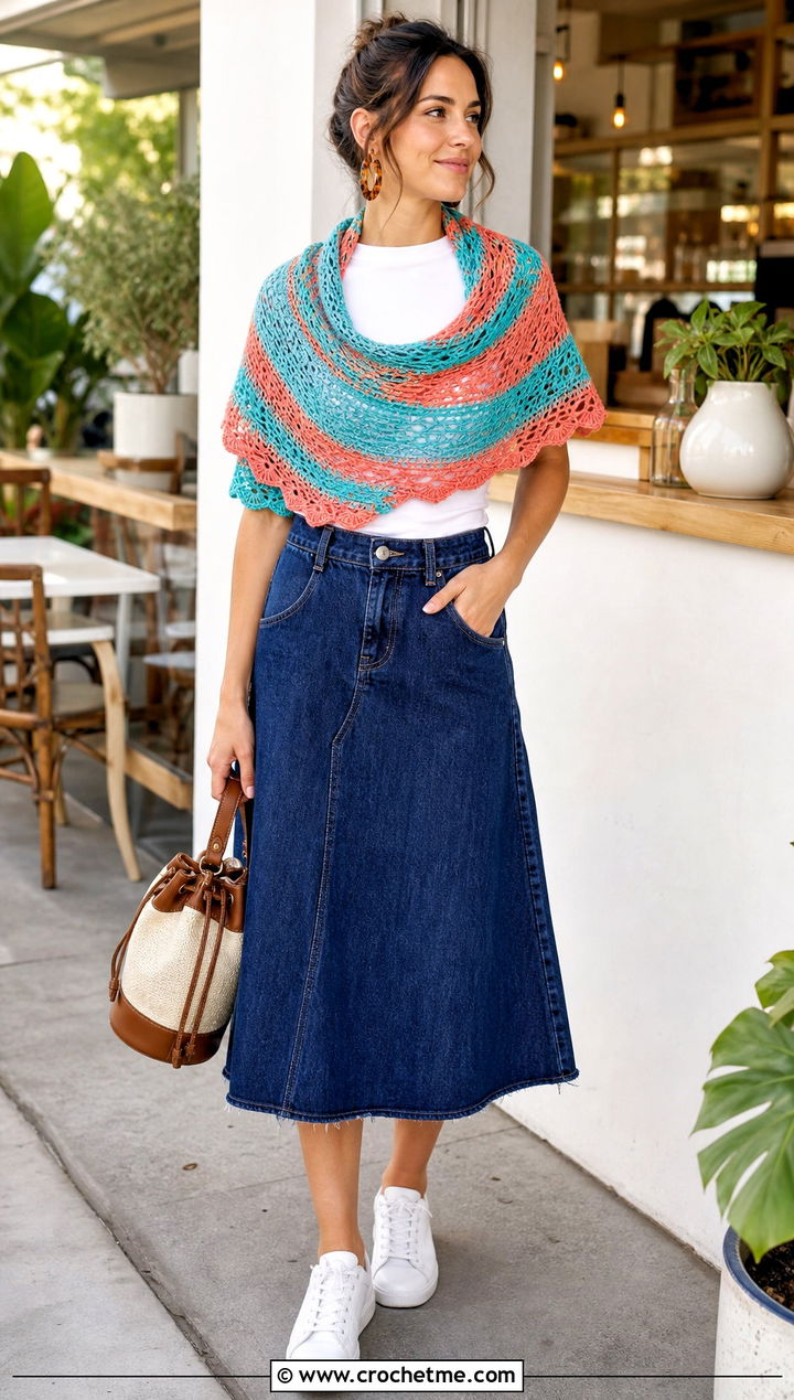 Striped Half Moon Crochet Shawl With T Shirt And Denim Skirt - 25 Half Moon Crochet Shawl outfit ideas