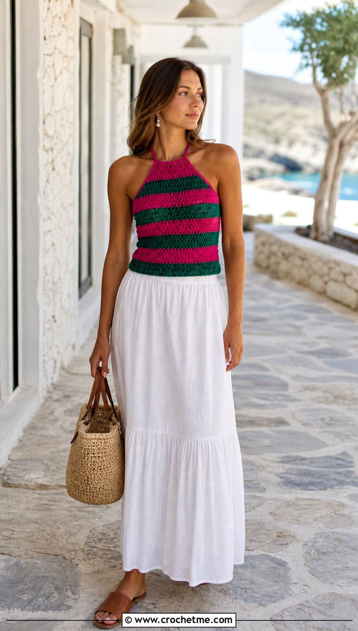 Striped Halter Crochet Top With White Maxi Skirt - 30 pink and green crochet top outfit ideas