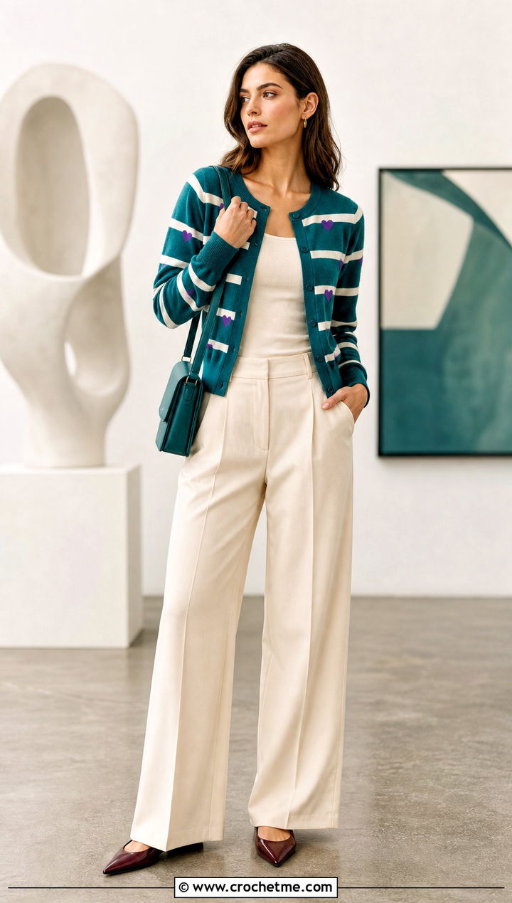 Striped Heart Cardigan With Tailored Wide Leg Pants - 35 crochet heart cardigan outfit ideas