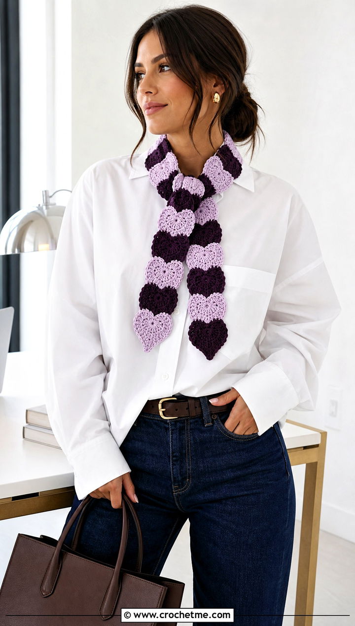Striped Heart Scarf With White Shirt And Jeans - 25 crochet heart scarf outfit ideas