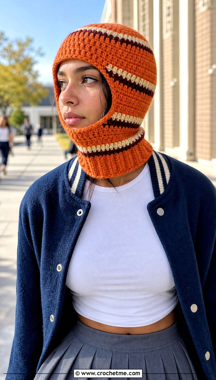 Striped Helmet Balaclava With Varsity Jacket - 25 crochet helmet balaclava outfit ideas