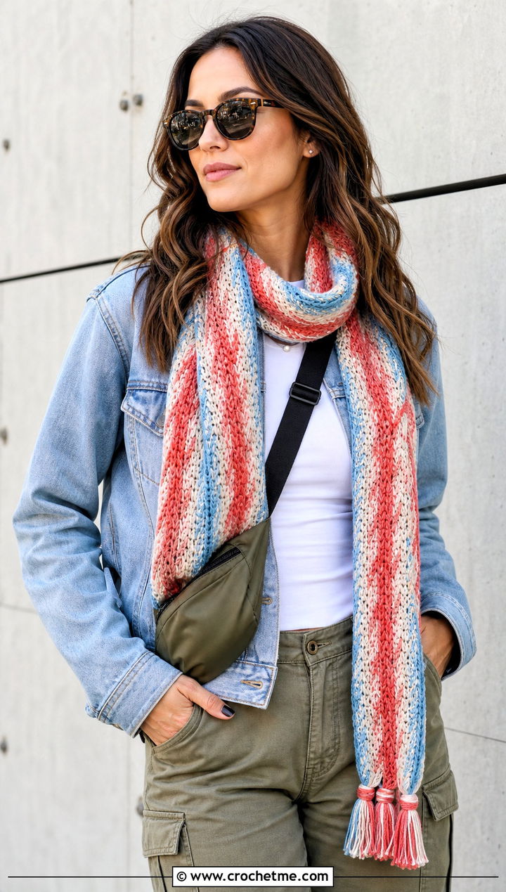 Striped Herringbone Crochet Scarf With Denim Jacket And Cargo Pants - 15 Herringbone Crochet Scarf outfit ideas