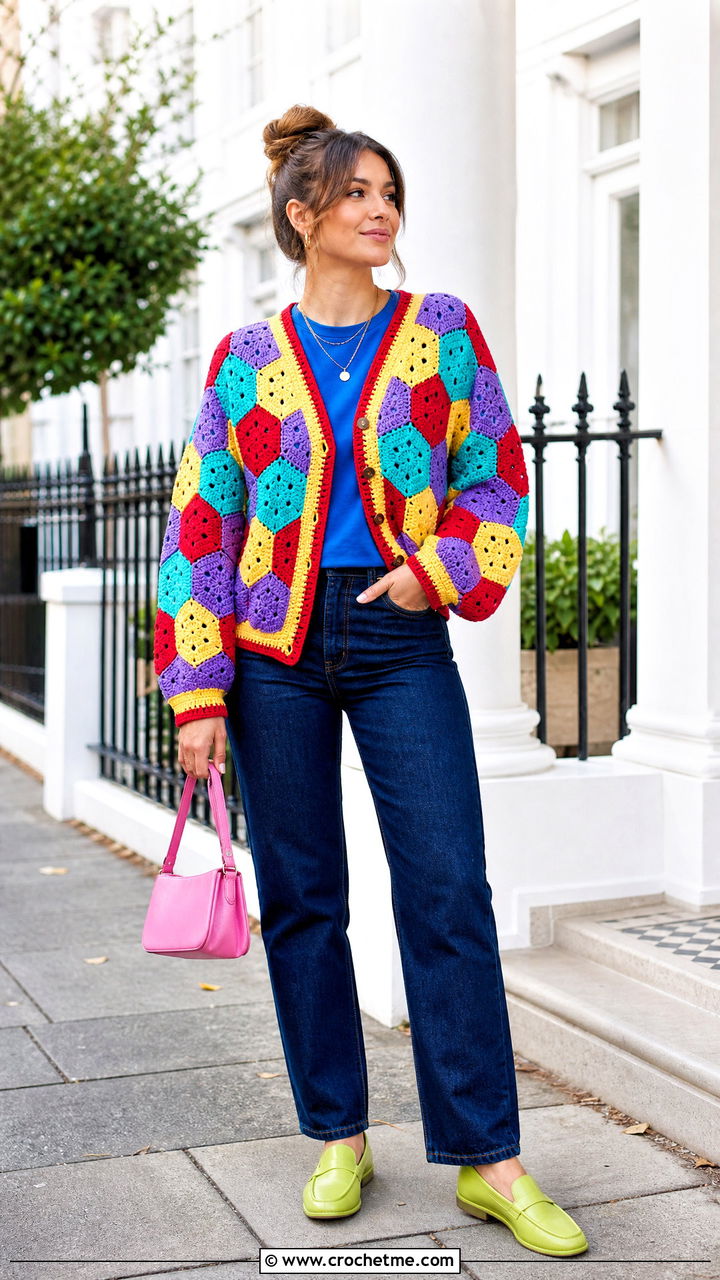 Striped Hexagon Cardigan With Straight Leg Jeans - 35 crochet hexagon cardigan outfit ideas