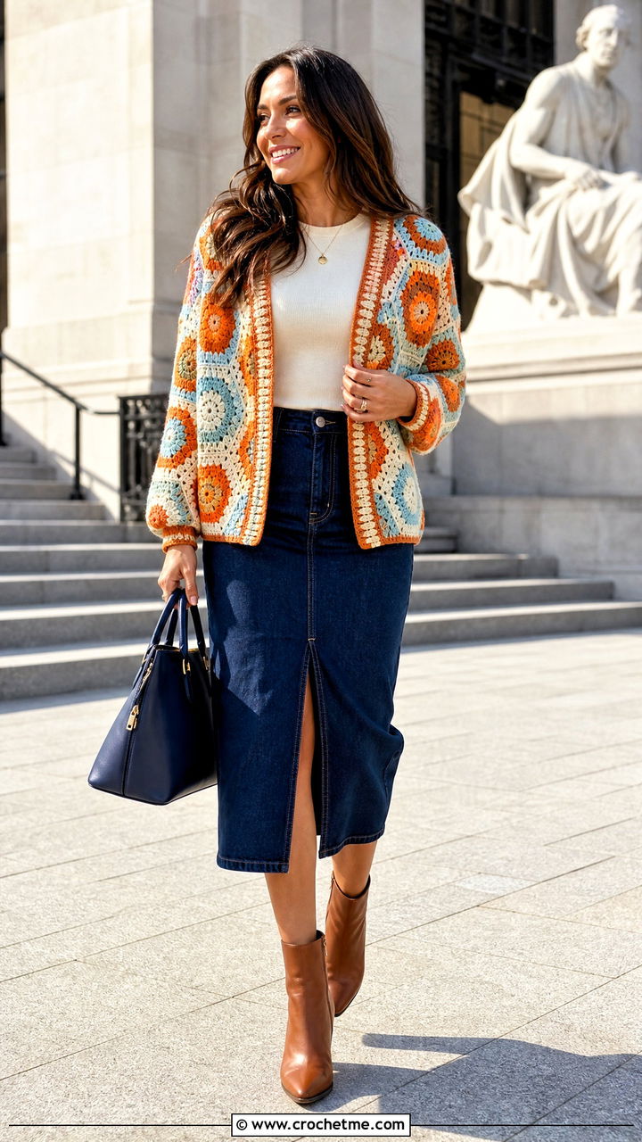 Striped Hexagon Crochet Cardigan With Denim Midi Skirt - 35 hexagon crochet cardigan outfit ideas