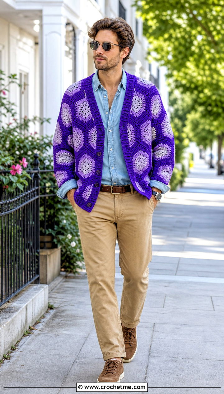 Striped Hexagon Crochet Cardigan With Denim Shirt And Chinos - 35 men hexagon crochet cardigan outfit ideas