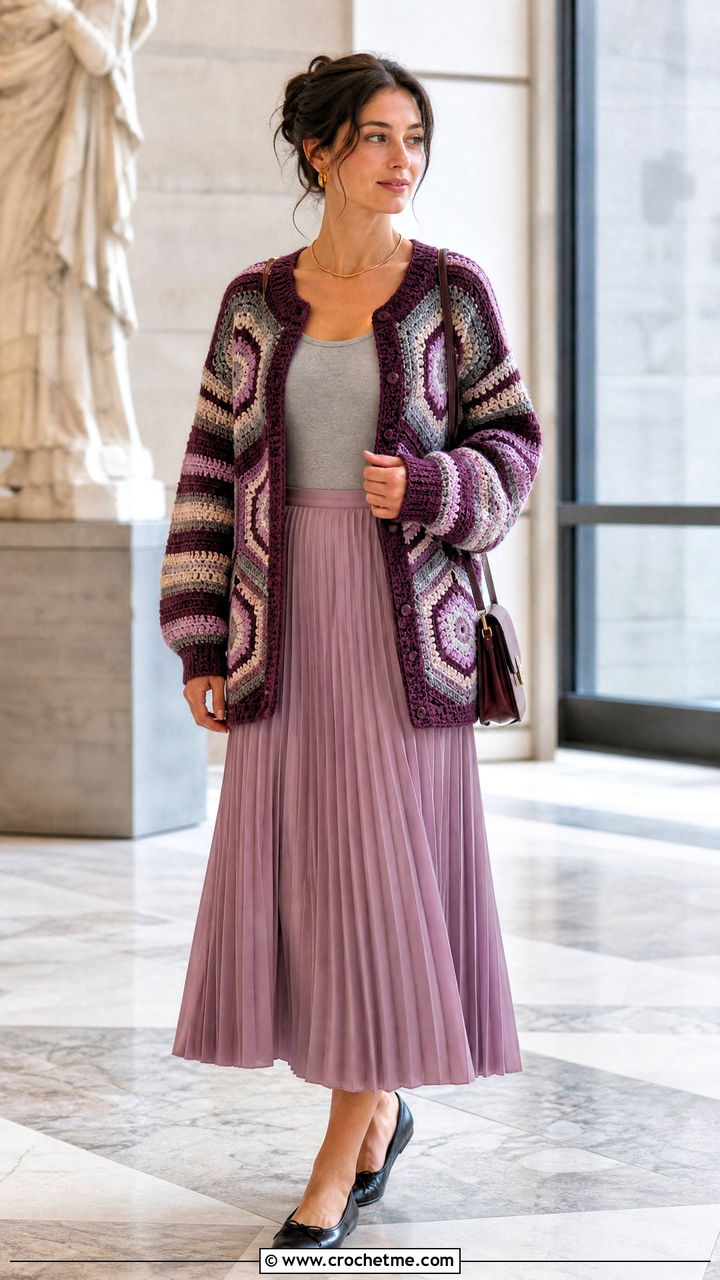 Striped Hexagon Granny Square Cardigan With Pleated Midi Skirt - 35 hexagon granny square cardigan outfit ideas