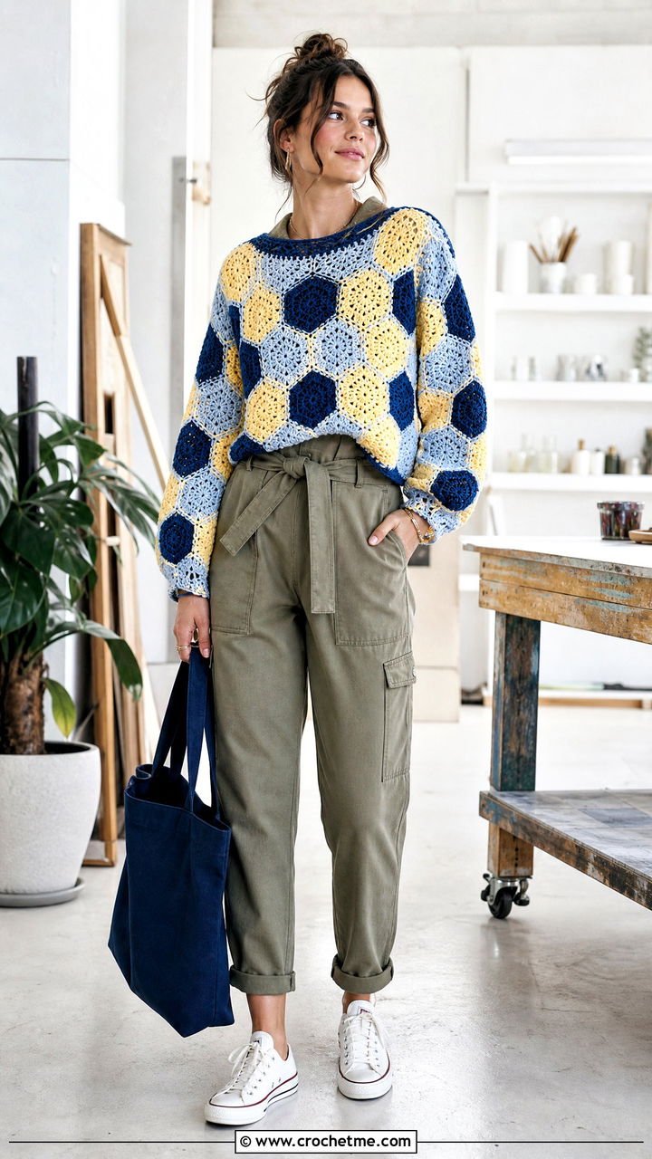 Striped Hexagon Pullover With Utility Jumpsuit - 35 crochet hexagon pullover outfit ideas