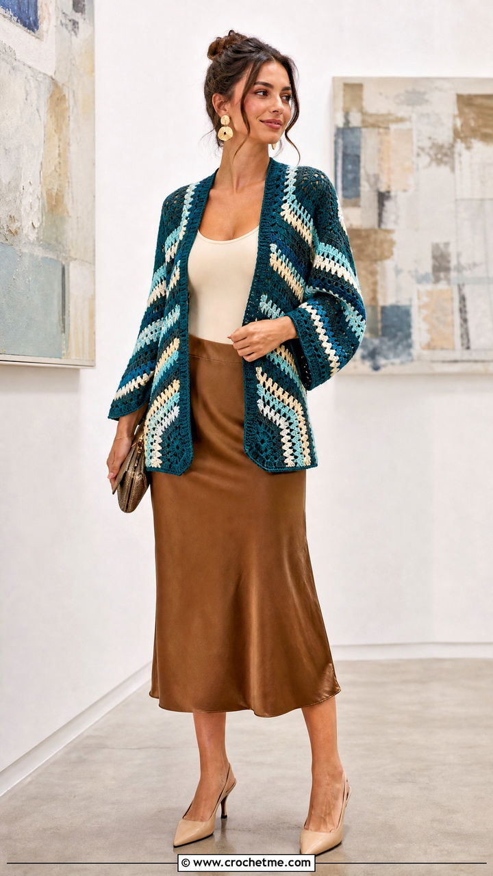 Striped Hexi Cardi With Satin Midi Skirt - 35 crochet hexi cardi outfit ideas
