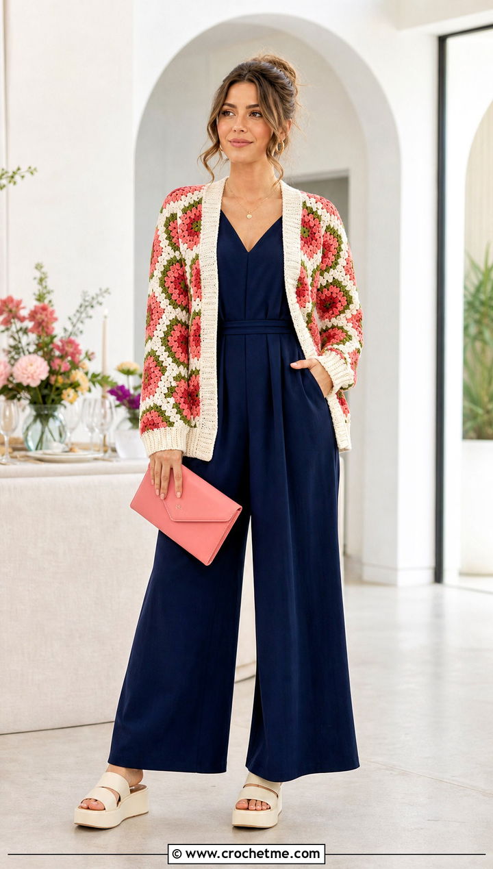 Striped Hexi Cardigan With Wide Leg Jumpsuit - 35 crochet hexi cardigan outfit ideas