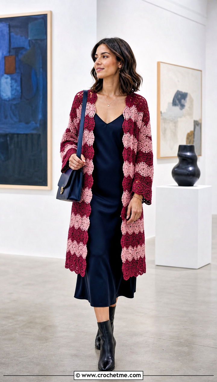 Striped Hexi Crochet Cardigan With Slip Dress - 35 hexi crochet cardigan outfit ideas