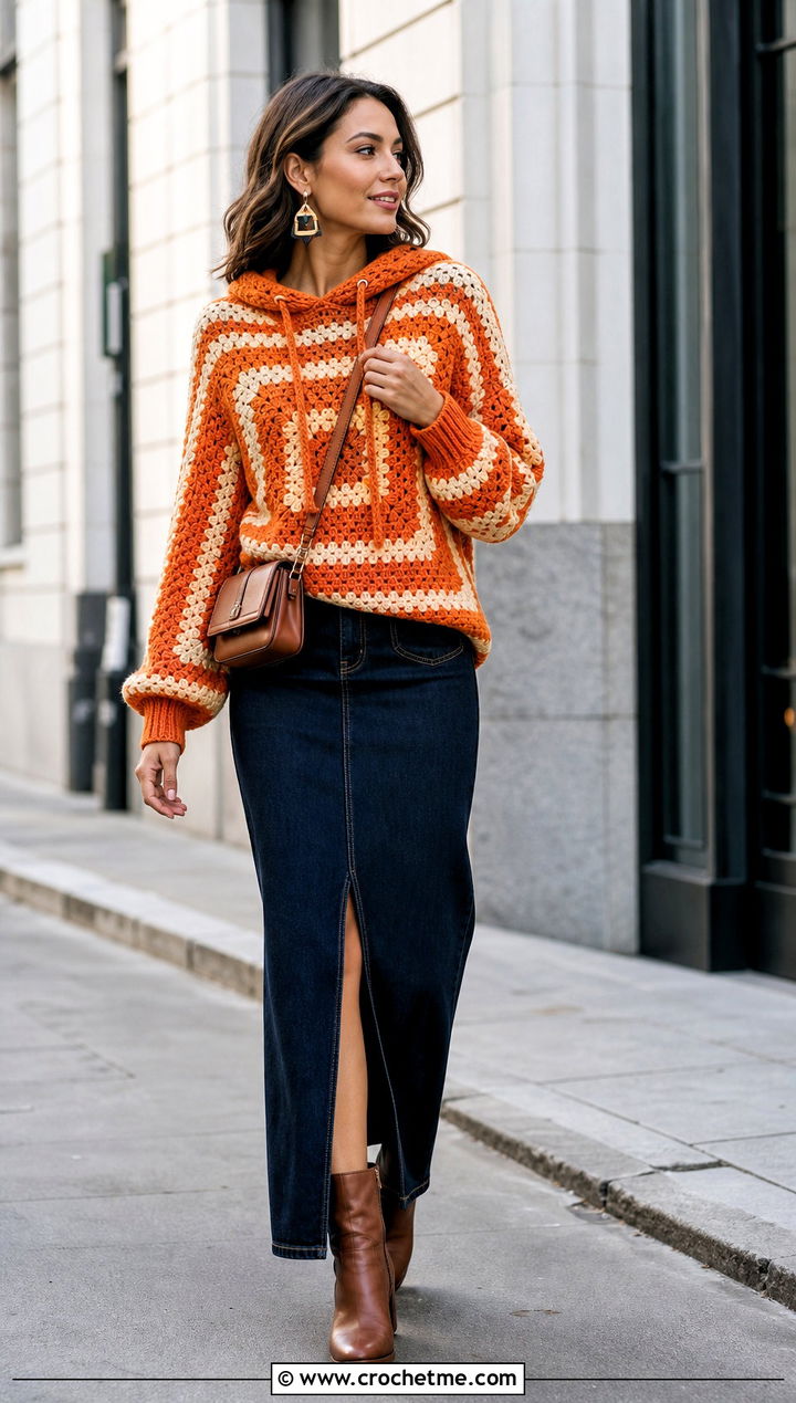 Striped Hexi Crochet Hoodie With Denim Maxi Skirt - 20 hexi crochet hoodie outfit ideas