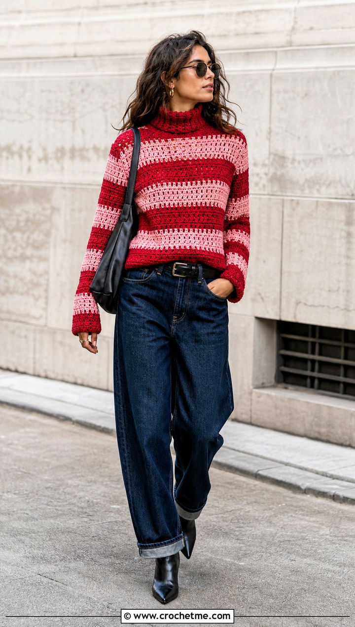 Striped High Neck Crochet Top With Barrel Jeans - 35 high neck crochet top outfit ideas